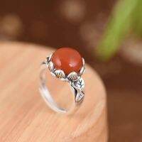 Cincin Anak Perempuan เงิน S925ธรรมชาติสีแดงใต้แว็กซ์ชนิดขี้ผึ้งอาเกตฝังแหวนปรับรูเปิดได้สไตล์ชนเผ่า