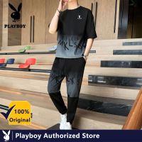 PLAYBOY ผ้าฝ้ายแขนสั้นสำหรับผู้ชาย,กางเกงขายาวทรงหลวมสองชิ้นสำหรับฤดูร้อนชุดแบรนด์เนมคอกลมแขนสั้นกางเกงขายาวลำลอง