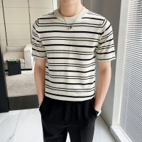 2022ยืดผู้ชาย Tee เสื้อ Patchwork Stripe Slim Fit ถัก T เสื้อ Homme O-Neck Streetwear แฟชั่นถักเสื้อยืด S-3XL