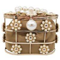 Pearl Evening Clutch Bag,Hollow Out Flowers Beaded Metallic for Women