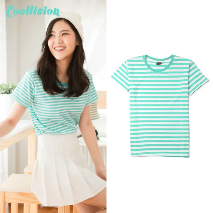 coollision-เสื้อยืดลายทาง-สีเขียวmint-สีขาว-set-1cm-เสื้อลายทางคอกลม-เนื้อผ้าฝ้ายผสม-มีหลายสี-ใส่ดีไม่มีย้วย-สีไม่ตก-unisex-ลายแถบ-ธรรมดา-ลำลอง