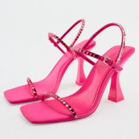 2023 ZARAˉSummer New Rose Red Rhinestone Shining French High Heel Square Head Slip-on Sandals