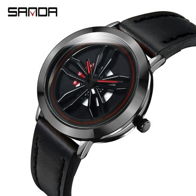 SANAD Mens Watches Top Brand Luxury Military Large Dial Leather Strap Mens Watch relogio masculino Creative Car Wheel Rotating
