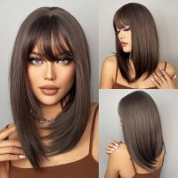 ☇❁⊙ HENRY MARGU Dark Brown Medium Long Bob Synthetic Wigs with Bangs Layered Hair Natural Straight Wigs for Women High Temperature