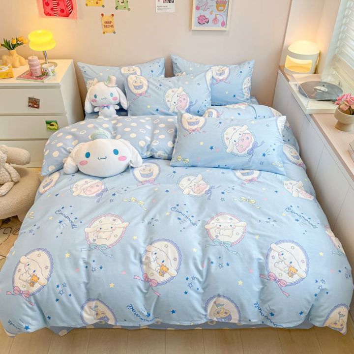 sanrios-ฟิกเกอร์อนิเมะ-kuromi-melody-cinnamoroll-สี่ชุดเครื่องนอนสำหรับเด็กเตียงน่ารักผ้าห่มปลอกหมอนชุดเครื่องนอน