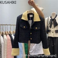 Htgrtgregre KUSAHIKI เสื้อแจ็กเก็ต2023ทวีดสั้นคอปกเสื้อแขนยาวสีฮิตสไตล์เกาหลี