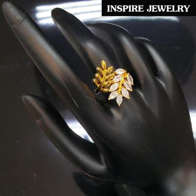 INSPIRE JEWELRY แหวนเครื่องประดับมงคลรูปใบมะกอกฝังเพชร งานจิวเวลลี่ ตัวเรือนขึ้นด้วยทองเหลืองนอก ชุบเศษทองแท้ 100% 24K พร้อมกล่องกำมะหยี่สวยหรู