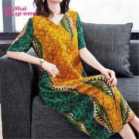 Rui green Women Dress Summer Ice Silk Fashionable Temperament Slim Dress Printed Dress