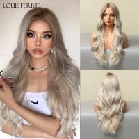 LOUIS FERRE Blonde Long Natural Wave Synthetic Wig for Women Middle Part Curly Hair Cosplay Daily Heat Resistant Fake Hair Wig Wig  Hair Extensions Pa