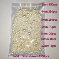 3-12mm Mix size 1150pcs Pure White Pearl wtraight holes round imitation plastic pearl beads for needlework &amp; Jewelry Making Beads