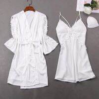 【LZ】▽▼☁  Mulheres White Lace Wedding Robe Noiva dama de honra camisola Sexy Silky Satin Sleepwear Home Dressing Vestido Sexy Primavera Verão 2pcs