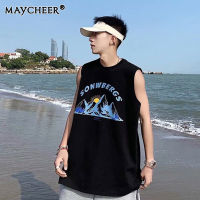 MAYCHEER เสื้อยืดแขนกุดของผู้ชายผ้าทรงหลวมเสื้อกล้ามกีฬาผ้าฝ้ายบริสุทธิ์ผ้าออกกำลังกายบาสเกตบอลเทรนด์กีฬาพิมพ์ลาย