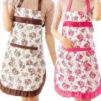 ✼☎☁ Oil-proof Cooking Apron For Women Adjustable Kitchen Cooking Coffee Shop Flower Printed Bowknot Cleaning Aprons With Pocket