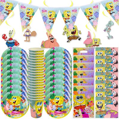 【CW】●┅✹  Sponge-Bob Birthday Decoration Kids Aluminum Foil Cartoon Tableware Event Supplies Backdrops