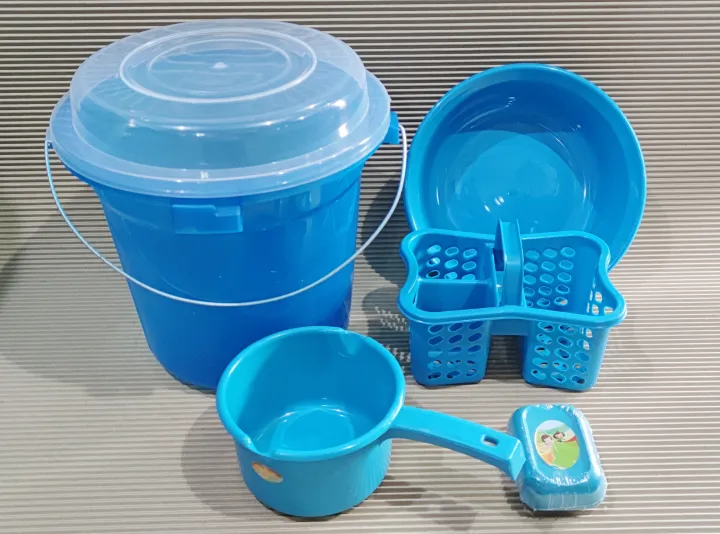 Plastic 5 in 1 Bathroom / LaundryWater Pail with Cover, Basin, Water Dipper, Shower Caddy, Soap