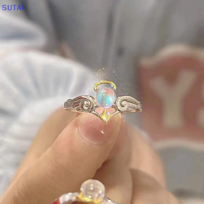 💖【Lowest price】SUTAI แหวนสีเงิน Moonstone ของ Angel Devil สำหรับผู้หญิงผู้ชายแหวนปรับได้เปิด