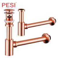 Basin Bottle Trap Brass Bathroom Sink Siphon Drains with Pop Up Drain Brushed Rose Gold P-TRAP Waste.