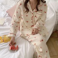 Cotton Yarn Pajamas for Women Heart Print Sleepwear Korean Pijamas 2 Piece Set Pyjamas Female Kawaii Loungwear Home Suit