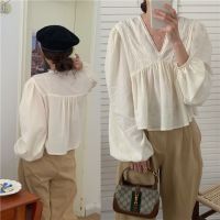 ◕✌♨ 57063 Korean Style V-Neck Lace Stitching Loose Long-Sleeved Shirt 2 Colors