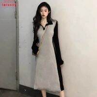 IMIXCITY ผู้หญิง V คอชุดอินเทรนด์ Contrast สีแขนยาว A-Line กระโปรง Casual Elegant High เอว Slimming Dress