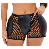 Latex Shorts Women Mid Waist Removable Padded Wet Look Shiny Faux Leather Shorts Hollow Out Fishnet Patchwork Hot Pants Clubwear