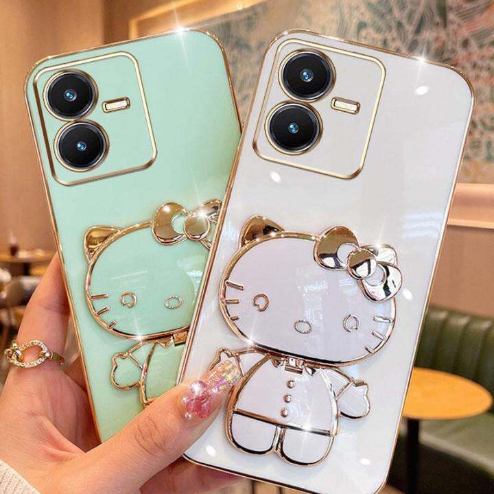 เคสโทรศัพท์กระจกแต่งหน้าพับได้สำหรับ-vivo-y22-y22s-แมวการ์ตูนน่ารักเคสฝาหลังแบบนิ่มชุบด้วยไฟฟ้า-tpu-มัลติฟังก์ชัน