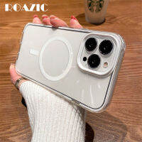 ROAZIC Magsafe เคสชาร์จไร้สาย iPhone 15 14 13 Plus 12 11 Pro Max ฝาหลังนิ่มโปร่งใส3 In 1ขอบสีลูกอมเรียบง่าย AP014เคสโทรศัพท์กันกระแทก