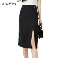 Women Summer Skirts Office Lady Solid High Waist Straight Skirt 2022 Fashion Split A-Line Apricot Black Midi Skirts Faldas Mujer