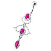 Fancy Jeweled Pink Stone Silver Dangling With Banana Bar Navel Ring จิวเจาะหน้าท้องแฟชั่น จิวสะดือ เครื่องประดับบนร่างกายสำหรับผู้หญิง หรูหราและสวยงาม