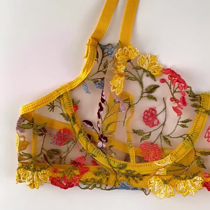 Sexy See-through Yellow Pastoral Floral Garter T-Back Three-Piece