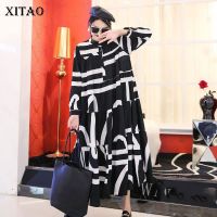 XITAO Dress Fashion Women Full Sleeve Loose Striped Dress