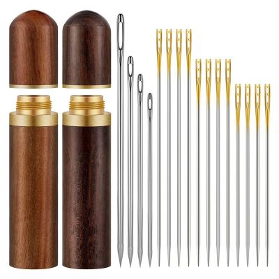 4Pcs Wooden Needle Case with 48 Self Threading Needles and 8 Large-Eye Leather Stitching Needles for Handmade Sewing