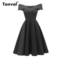 Tonval Vintage Criss Cross Off The Shoulder Party ชุดเซ็กซี่สีดำ Elegant Solid Tunic Dress ผู้หญิง A Line Cotton Dresses