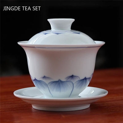 มือวาดเซรามิกชาหม้ออบจีนแบบพกพาเครื่องชงชาสาม-Cai Gaiwan บ้านพอร์ซเลนสีขาวชุดน้ำชาที่มีฝาครอบถ้วยน้ำชา200มิลลิลิตร