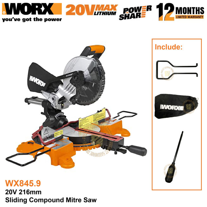 WORX WX845.9 20V 216mm Sliding Compound Cordless Mitre Saw Bare