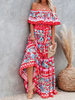 Elegant Flower Print Boho Party Dresses Women New Spring y Off Shoulder Maxi Beach Dress Summer Lace-up Ruffle Hem Long Dress