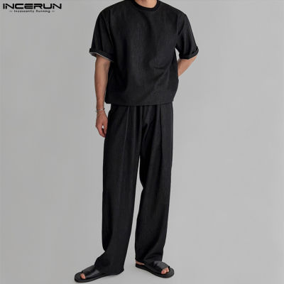 ผู้ชายแขนสั้น INCERUN เสื้อยืดผู้หญิง + กางเกงขายาวลำลองคอกลมสูทชุดผ้ายีนส์เรียบ (สไตล์เกาหลี)