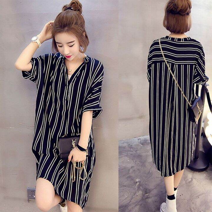 women-v-neck-loose-plus-size-short-sleeved-stripe-shirt-dress