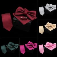 Solid Color Polyester Tie Bowtie Handkerchief Cufflinks Set Men Fashion Butterfly Wedding Necktie Without Box Novelty Ties Gift Nails Screws Fasteners