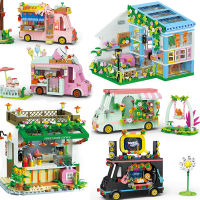 City Friends Forest House Princess Garden Street View Ice Cream Truck Food Van Model Building Blocks Shop Miniature Toys Girls