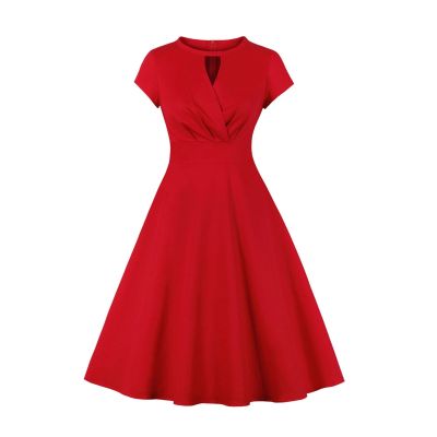ผู้หญิง Retro แขนสั้นสีทึบสีแดงค็อกเทลปาร์ตี้ Swing Dress Ruched Wrap ด้านหน้า Keyhole V คอ Empire เอว Gown