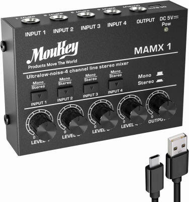 Moukey Mini Audio Mixer Line Mixer, DC 5V, 4-Stereo Ultra, Low-Noise 4-Channel for Sub-Mixing, Ideal for Small Clubs or Bars, As Guitars, Bass, Keyboards Mixer, 2021 New Version-MAMX1 Small(4-channel)