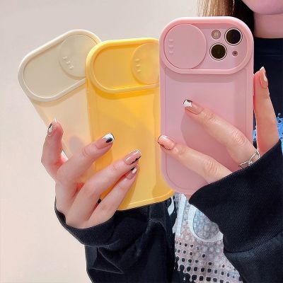 「16- digits」เกาหลีน่ารัก Push Window สไลด์กล้องเลนส์ป้องกันเคสโทรศัพท์สำหรับ iPhone 13 Pro Max 12 11 X XS XR Candy สี Soft Back Cover