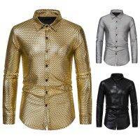 [COD] Mens 70s Disco Costume Foil Stamping Print Sleeve Down Shirt A303