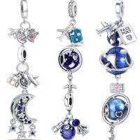 925 Silver Airplane Travel Stars Moon Space Galaxy Earth Blue Pendant DIY Bead Fit Original Pandora Charm Bracelet Women Jewelry