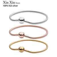 Authentic S925 Sterling Silver Moments Bright Round Button Snake Bone celet Suitable For Women Diy Jewelry Original Charm