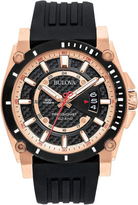 Bulova Mens Precisionist 3-Hand Calendar Rose Gold Stainless Steel Watch with Black Polyurethane Strap Style: 98B152