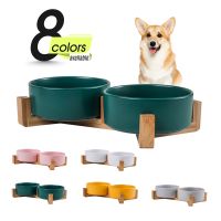 Round Dog Cat Bowl with Wood Stand Durable Ceramic Food Water Elevated Dish for Pet Modern Cute Weighted Food Water Set