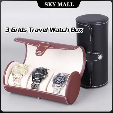 Leather Cylinder Watch Case Storage Box 3 Grids Watch Roll Holder  Wristwatch Jewelry Gift Storage Display Case 