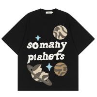 Hip Hop Streetwear เสื้อยืดสำหรับชาย Harajuku การ์ตูน Planet แขนสั้นเสื้อ T ฝ้ายสบายๆฤดูร้อน Y2k เสื้อผ้า Tops Tees สีดำ